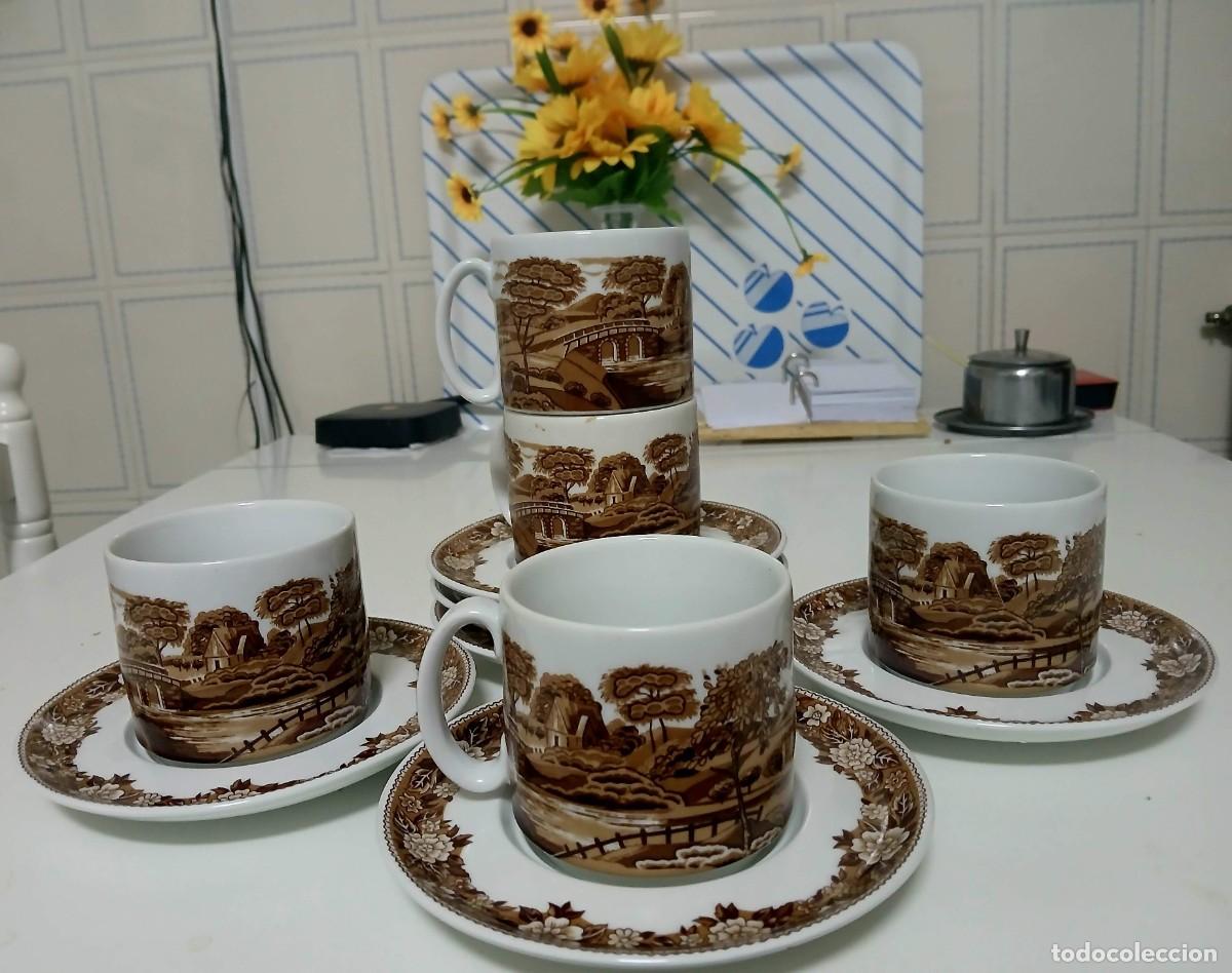 Vintage: Juego de 5 tazas y 6 platos vintage Porcelanas Guill&eacute;n S.A. - Paisaje sepia / marr&oacute;n