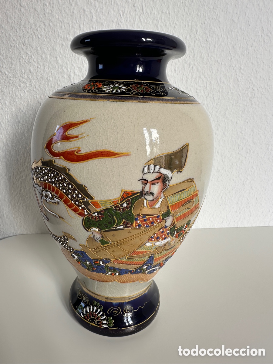 Vintage: Antike japanische Satsuma Vase Asano Samurai Drache Moriage um 1920