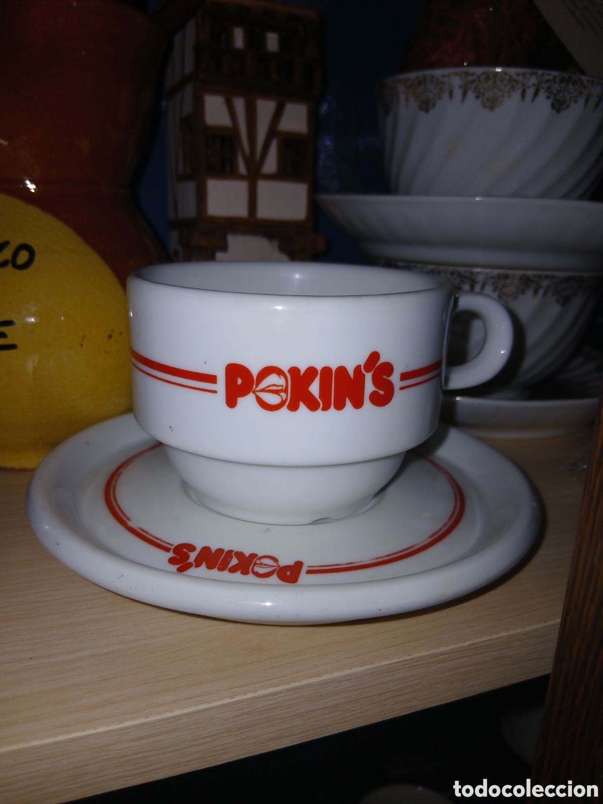 Vintage: RARISIMO JUEGO RETRO VINTAGE DE TAZA Y PLATO CERAMICA PROMOCIONAL HAMBURGUESERIA POKIN'S A&Ntilde;OS 80/90
