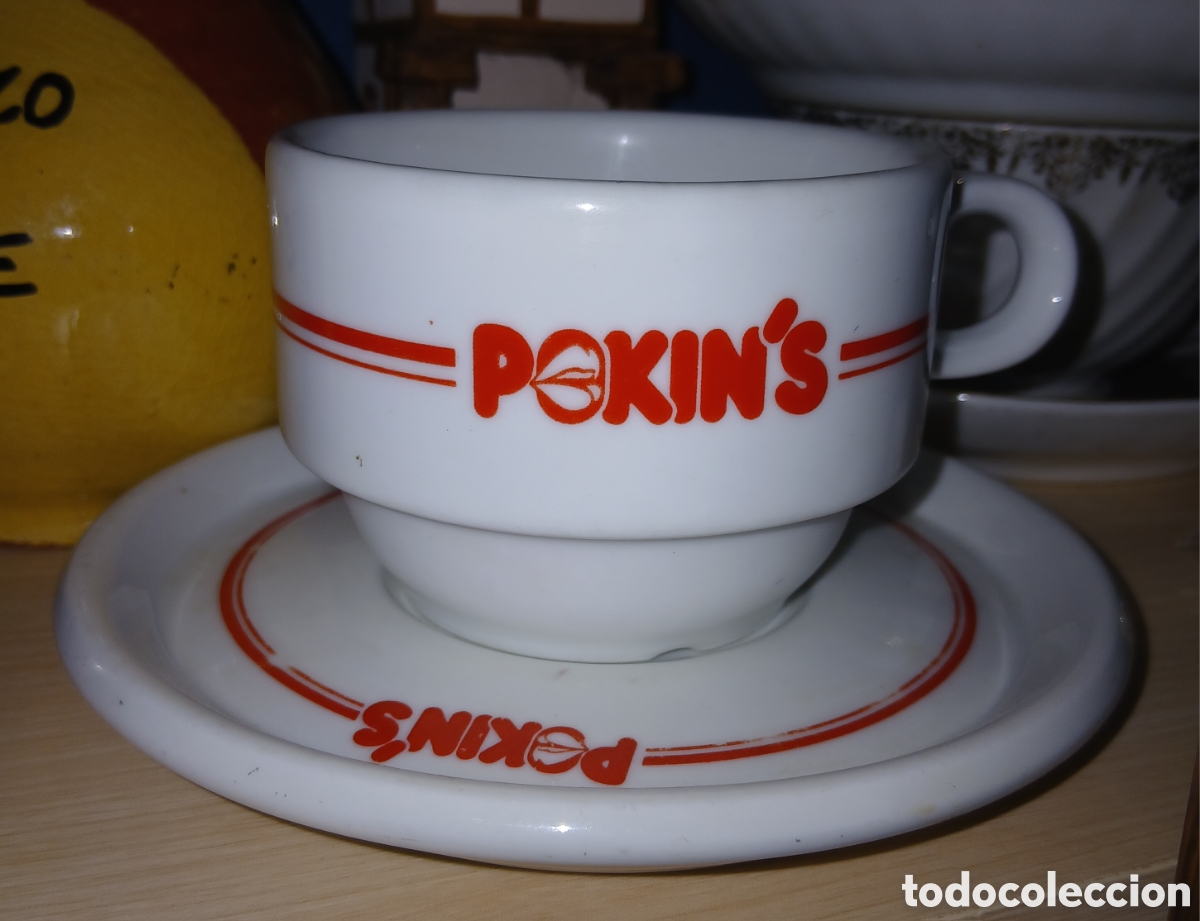 Vintage: RARISIMO JUEGO RETRO VINTAGE DE TAZA Y PLATO MENAJE PROMOCIONAL HAMBURGUESERIA POKIN'S A&Ntilde;OS 80/90