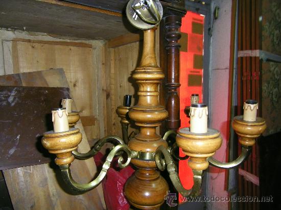 Vintage: LAMPARA MADERA Y BRONCE 6 BRAZOS - Foto 4