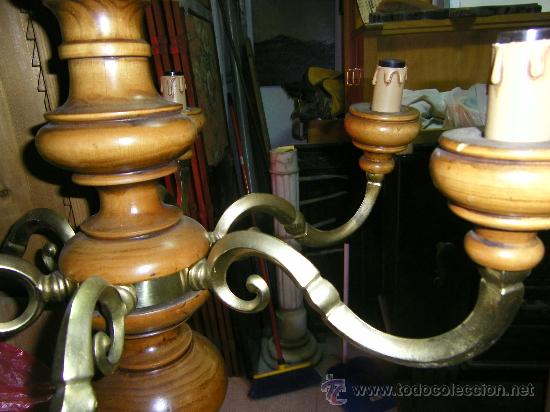 Vintage: LAMPARA MADERA Y BRONCE 6 BRAZOS - Foto 2