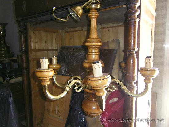 Vintage: LAMPARA MADERA Y BRONCE 6 BRAZOS - Foto 1