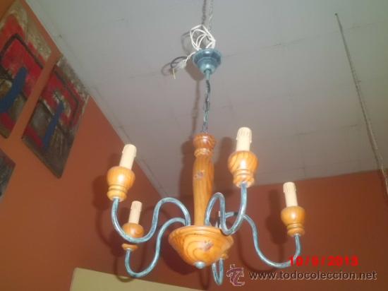 Vintage: LAMPARA DE TECHO  DE FORJA Y MADERA DE 5 BRAZOS - Foto 2