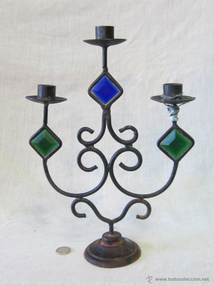 Vintage: CANDELABRO EN HIERRO DE FORJA CON CRISTALES - Foto 1