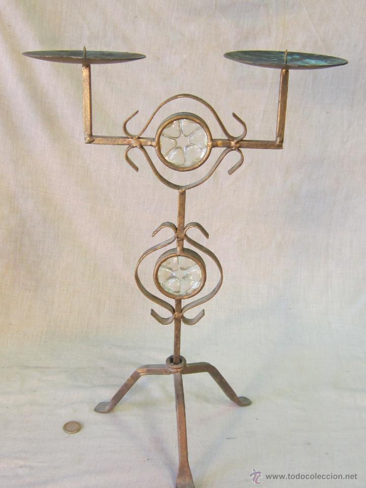 Vintage: CANDELABRO EN HIERRO DE FORJA CON CRISTALES - Foto 5
