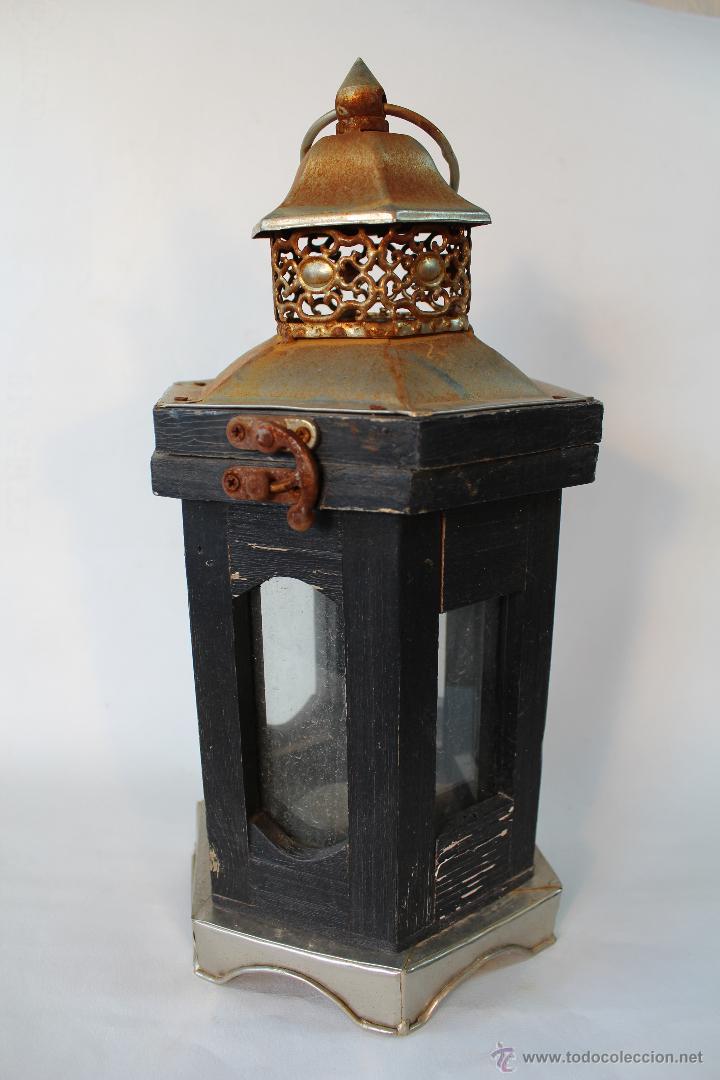 Vintage: FAROL EN MADERA Y HOJADELATA - Foto 1