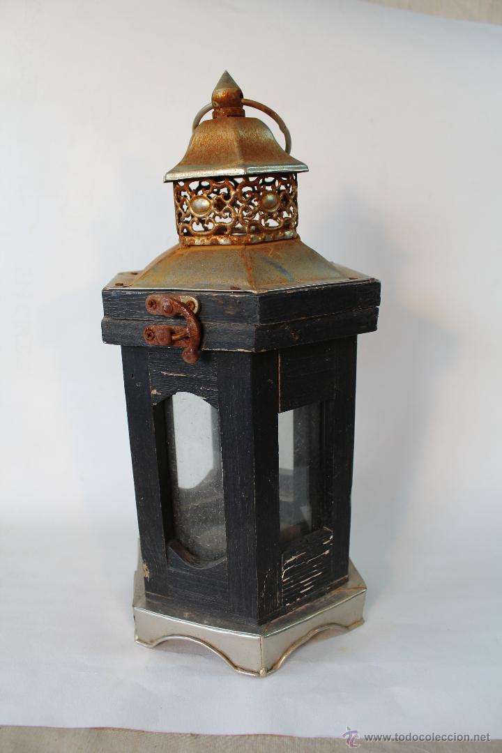 Vintage: FAROL EN MADERA Y HOJADELATA - Foto 2