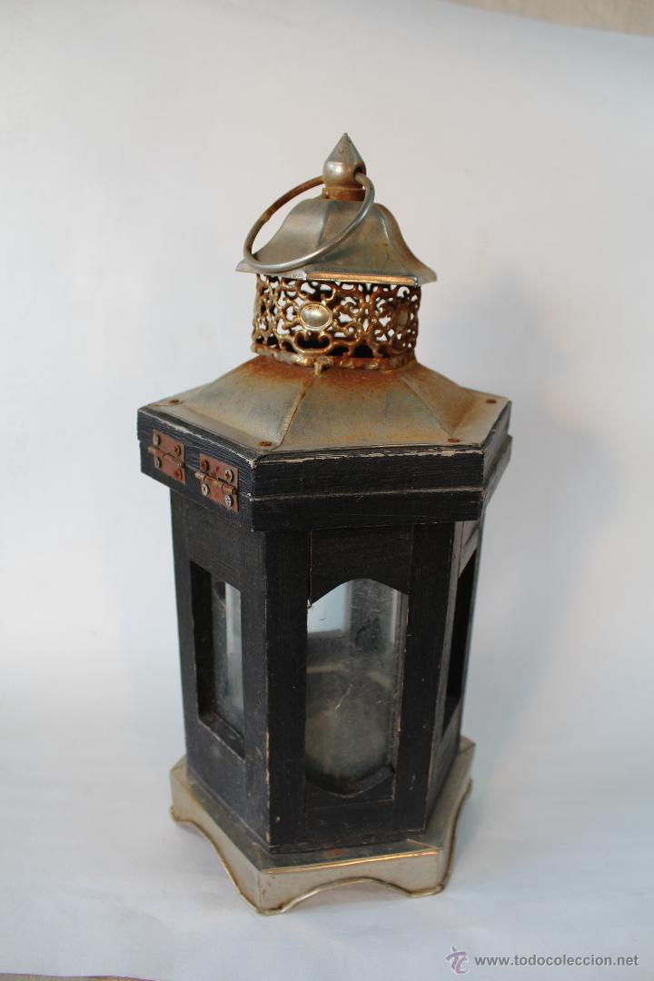 Vintage: FAROL EN MADERA Y HOJADELATA - Foto 3