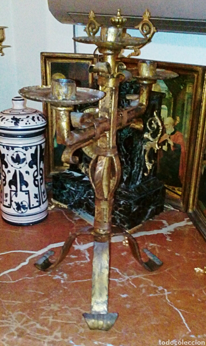 Vintage: Antiguo candelabro en forja dorada. A&ntilde;os 1950. - Foto 3