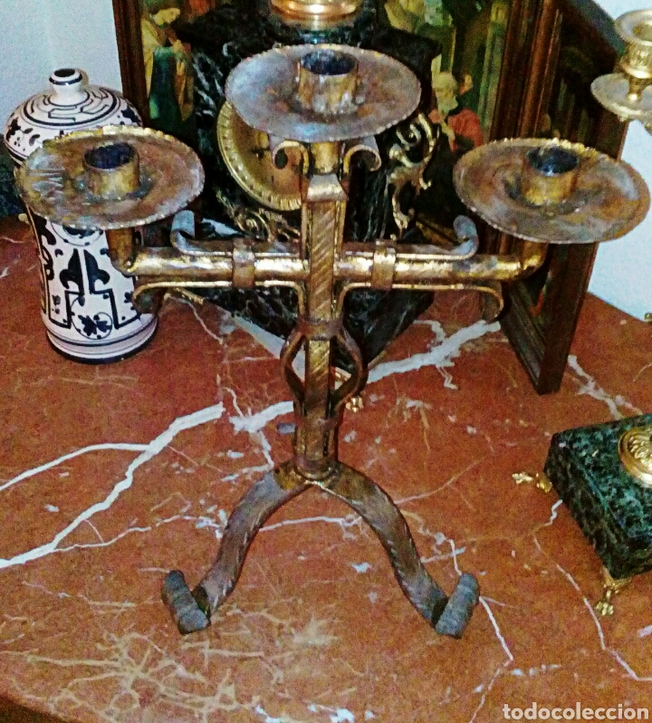 Vintage: Antiguo candelabro en forja dorada. A&ntilde;os 1950. - Foto 5