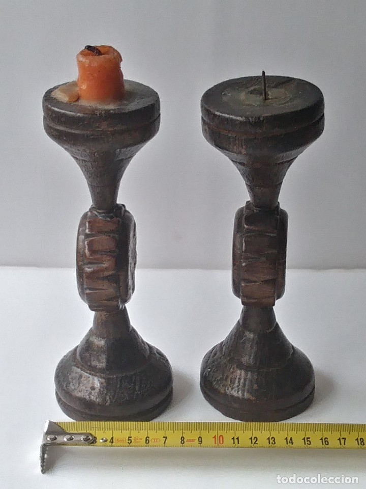 Vintage: PAREJA DE CANDELABROS DE MADERA - Foto 5