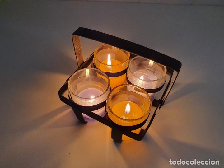 Vintage: CESTO DE METAL CON 4 VASITOS CON VELAS - Foto 2