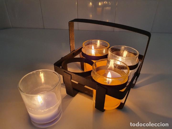 Vintage: CESTO DE METAL CON 4 VASITOS CON VELAS - Foto 3