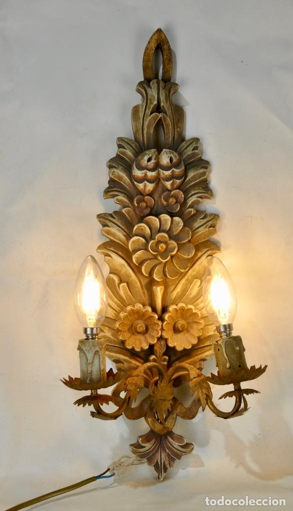 Vintage: Aplique madera policromada con dos luces - Foto 2