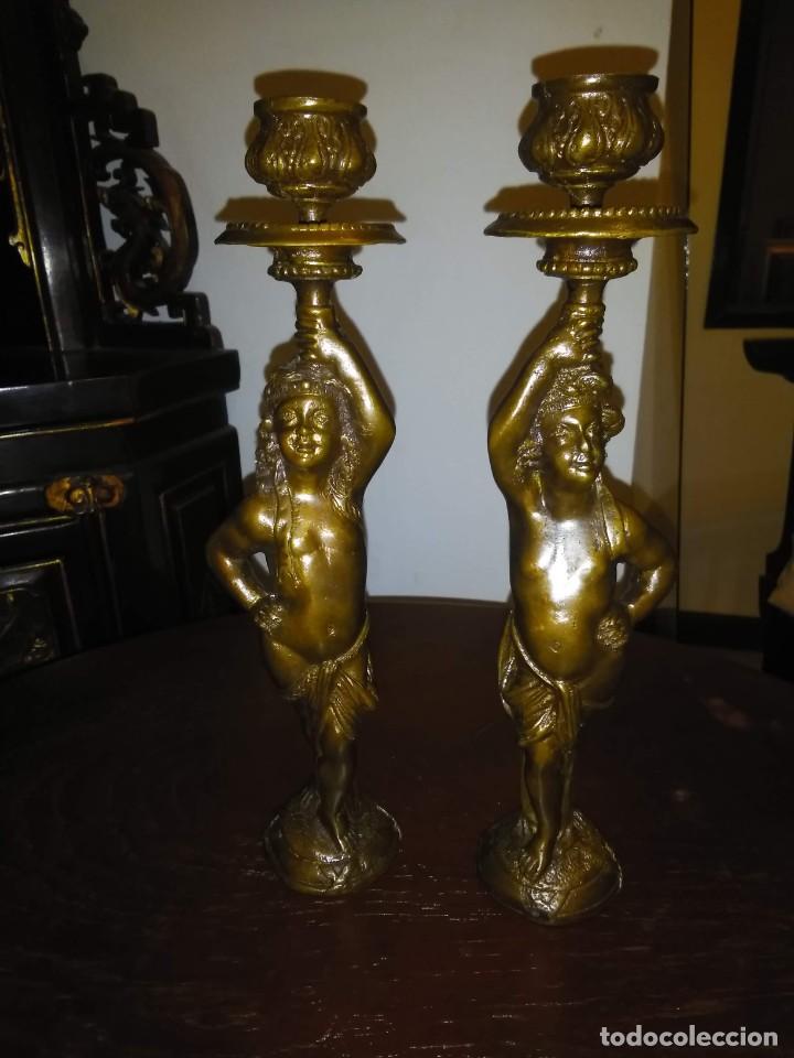 Vintage: PAREJA DE CANDELABROS BELLE EPOQUE - BRONCE - Foto 12