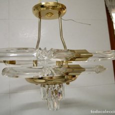 Vintage: LAMPARA DE TECHO CRISTAL, DORADO Y CRISTALES. Lote 289833558
