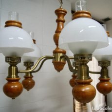 Vintage: LAMPARA DE TECHO COLOR BRONCE, MADERA Y CRISTAL. Lote 289834233