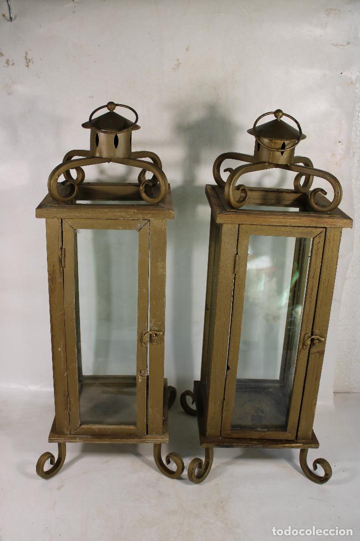 Vintage: pareja de faroles en madera y hierro de forja - Foto 3