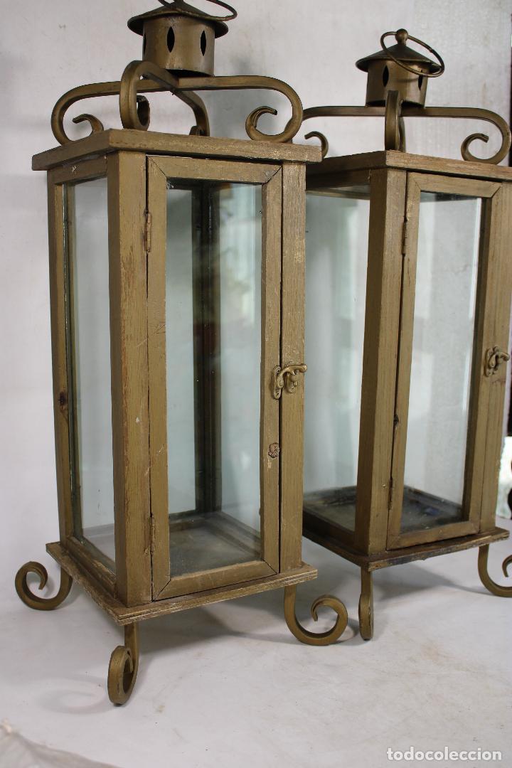 Vintage: pareja de faroles en madera y hierro de forja - Foto 4