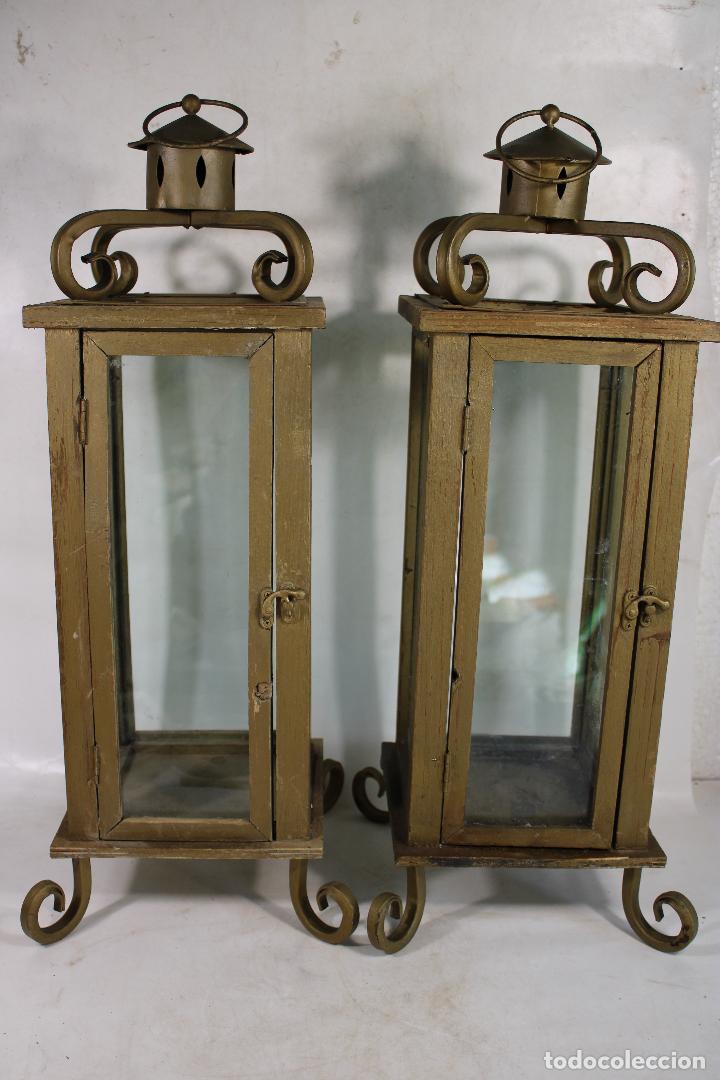 Vintage: pareja de faroles en madera y hierro de forja - Foto 1