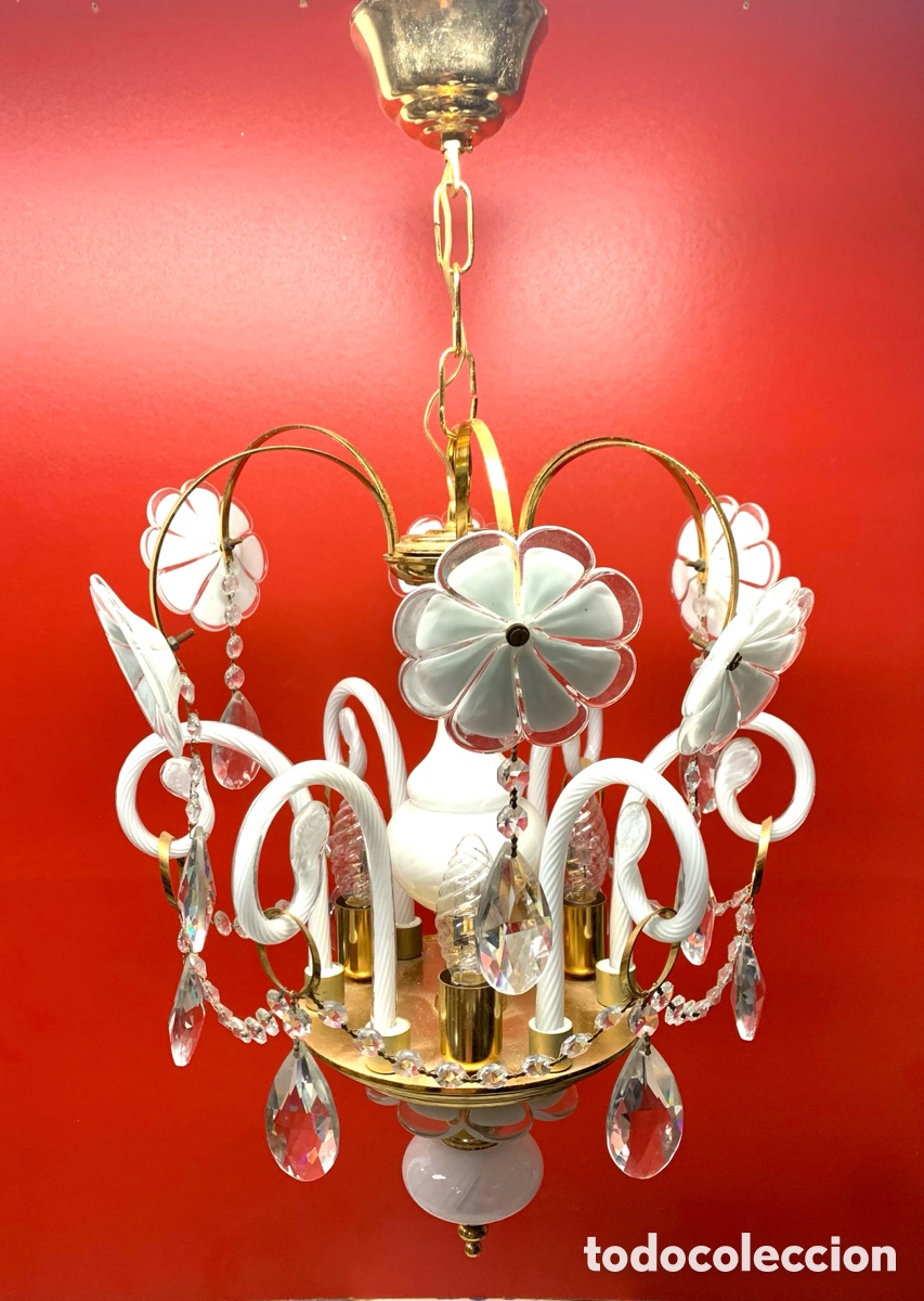 Vintage: CHANDELIER FLORES BLANCAS DE MURANO - Foto 3