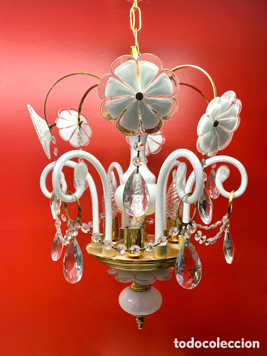 Vintage: CHANDELIER FLORES BLANCAS DE MURANO - Foto 4