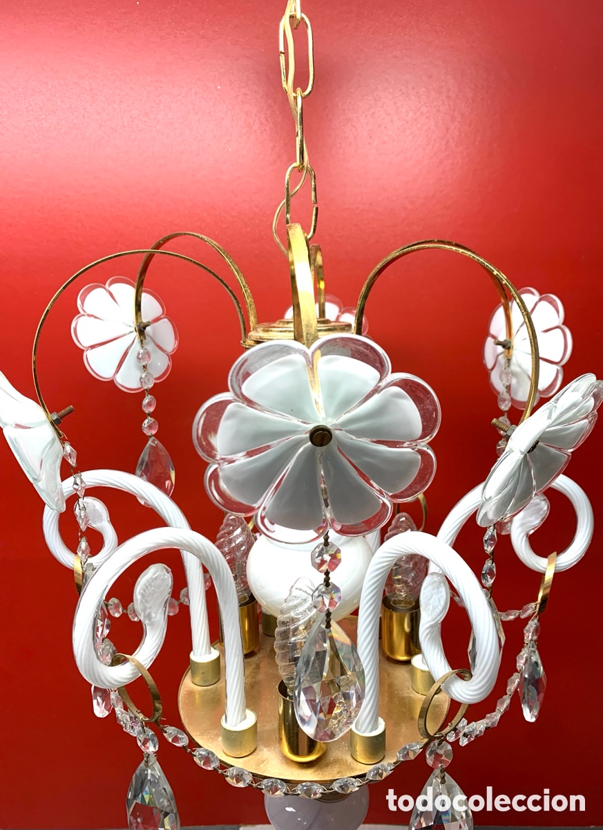 Vintage: CHANDELIER FLORES BLANCAS DE MURANO - Foto 7