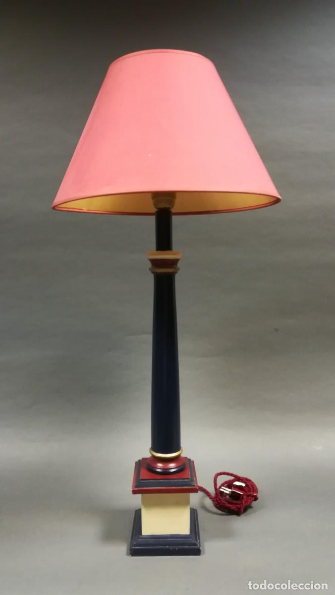 Vintage: LAMPARA DE MADERA PINTADA BURDEOS Y AZUL - Foto 1