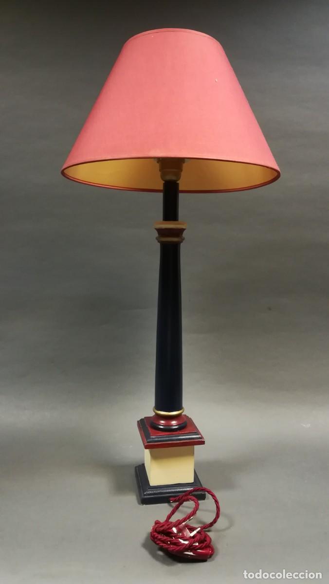 Vintage: LAMPARA DE MADERA PINTADA BURDEOS Y AZUL - Foto 2