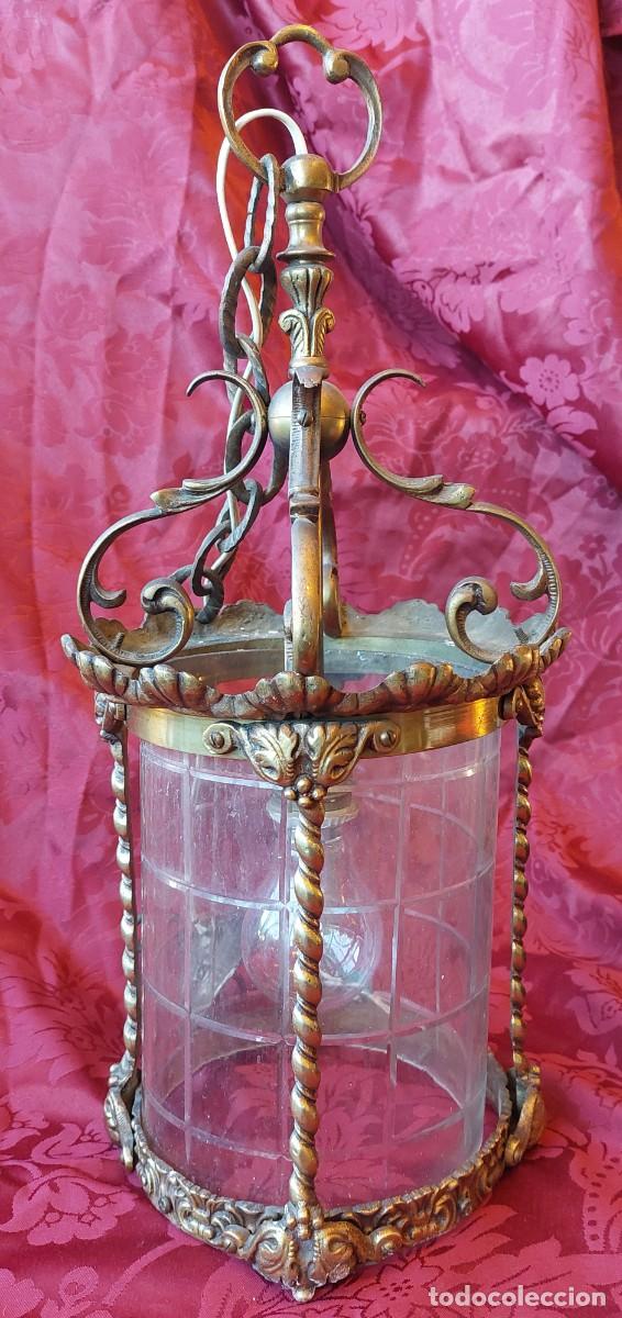 Vintage: Antiguo farol de bronce y cristal tallado - Foto 1