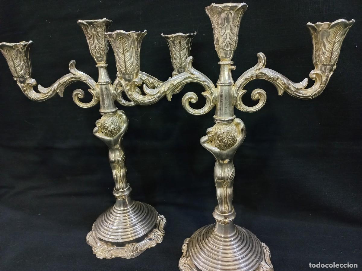 Vintage: CANDELABROS PLATEADOS (tres velas) querub&iacute;n - Foto 2