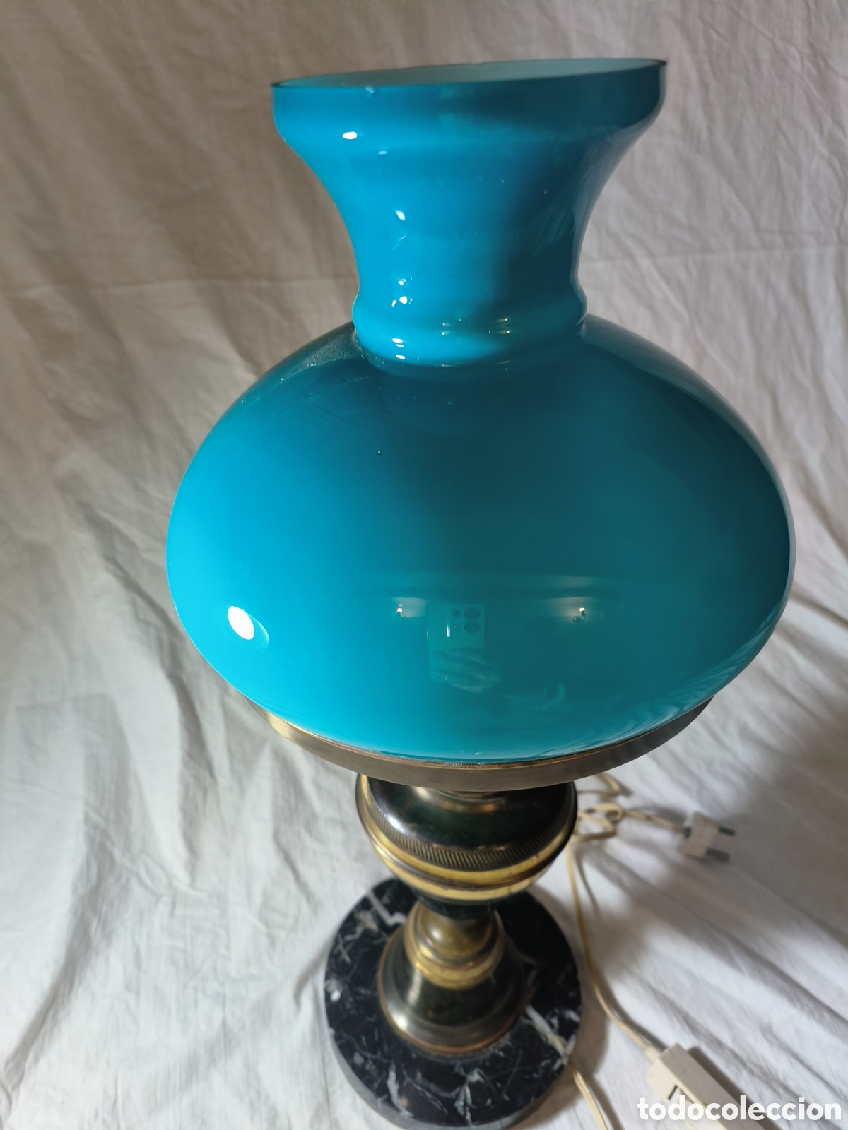 Vintage: L&aacute;mpara quinqu&eacute; opalina azul - Foto 6