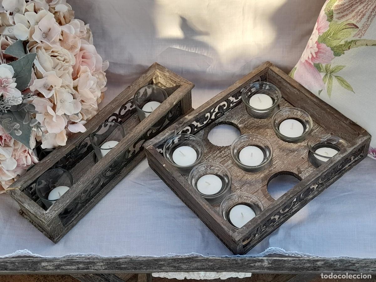 Vintage: 2 porta-velas de madera y metal - Foto 2