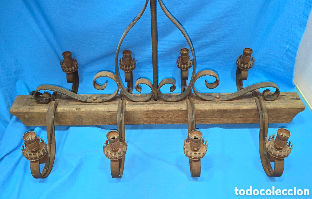 Vintage: ANTIGUA LAMPARA ESTILO MEDIEVAL EN HIERRO Y MADERA - Foto 4