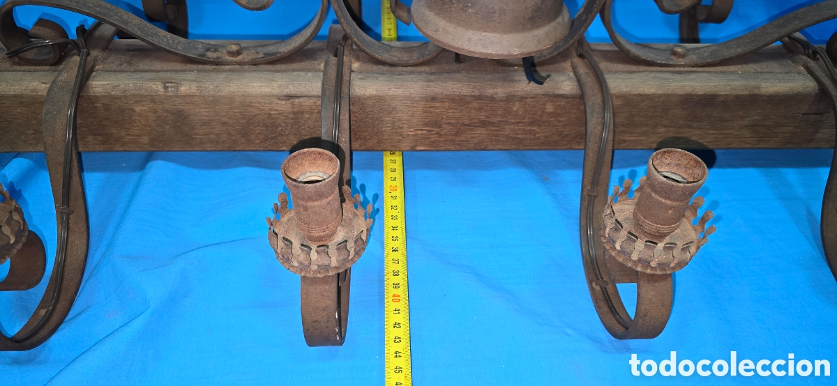 Vintage: ANTIGUA LAMPARA ESTILO MEDIEVAL EN HIERRO Y MADERA - Foto 17