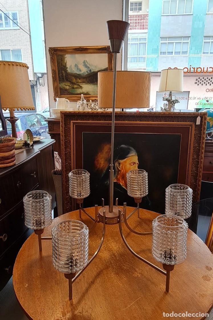 Vintage: Lampara de 6 brazos en acero y cristal - Foto 1