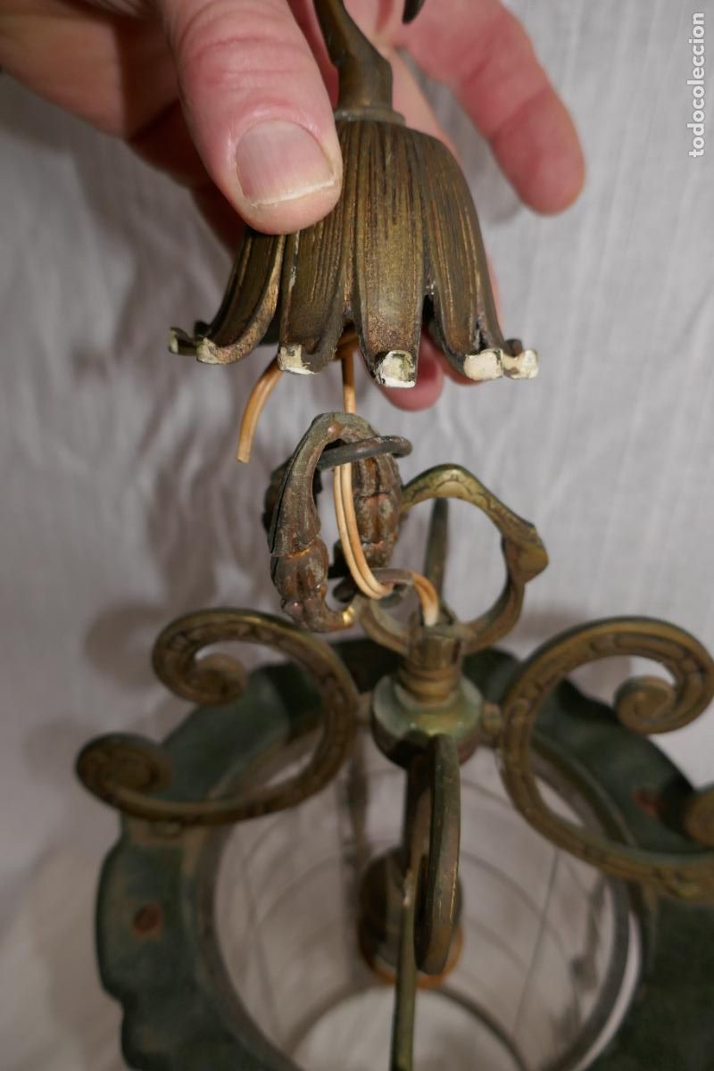 Vintage: ANTIGUO FAROL O LAMPARA DE BRONCE Y CRISTAL - Foto 16