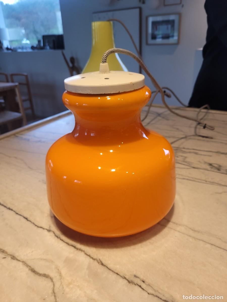 Vintage: L&aacute;mpara Techo Opalina Cristal Naranja Soporte Blanco - Foto 1