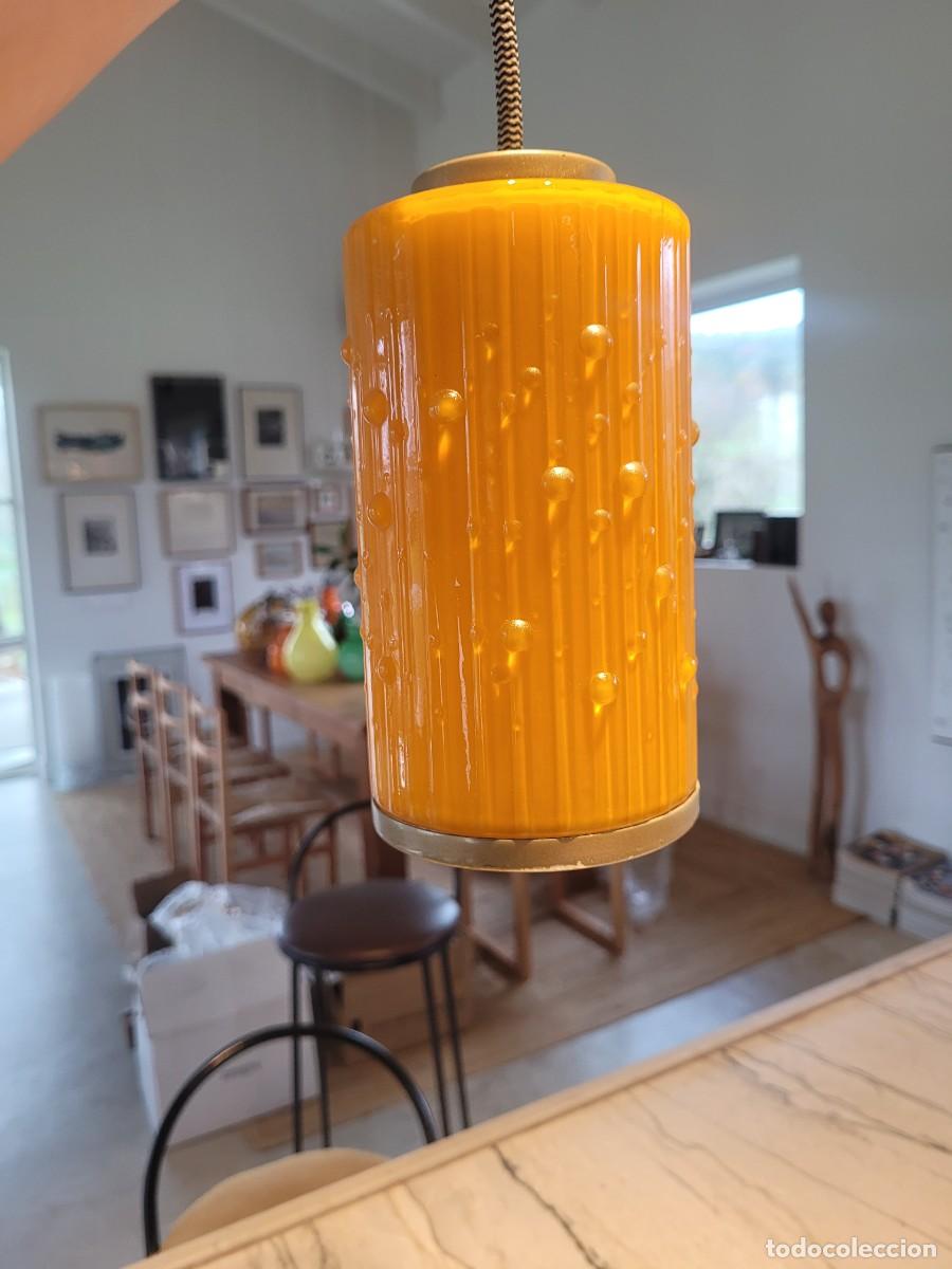 Vintage: L&aacute;mpara Techo Opalina Cristal Naranja cilindro - Foto 3
