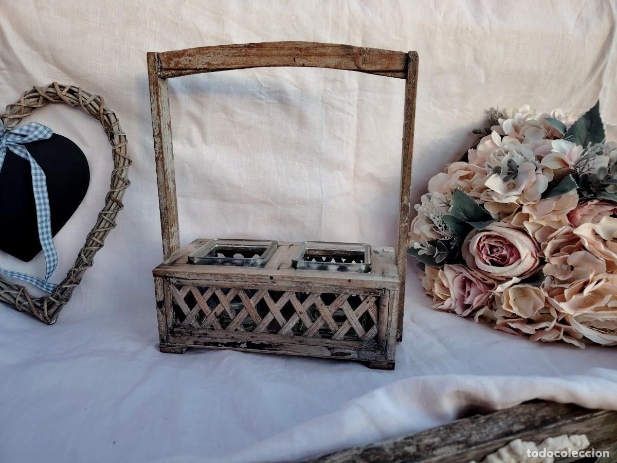 Vintage: Porta-vela de madera y cristal - Foto 1