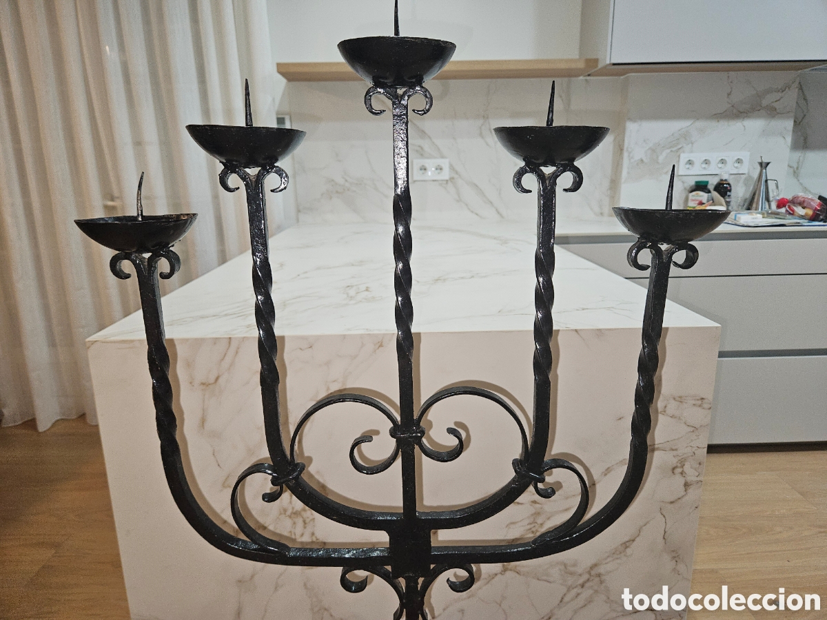 Vintage: ANTIGUO CANDELABRO DE PIE HIERRO FORJADO - Foto 3
