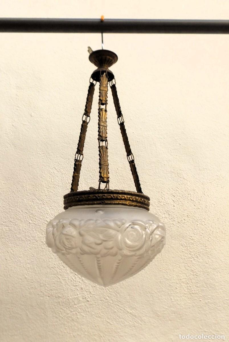 Vintage: lampara de laton con cristal satinado - Foto 1