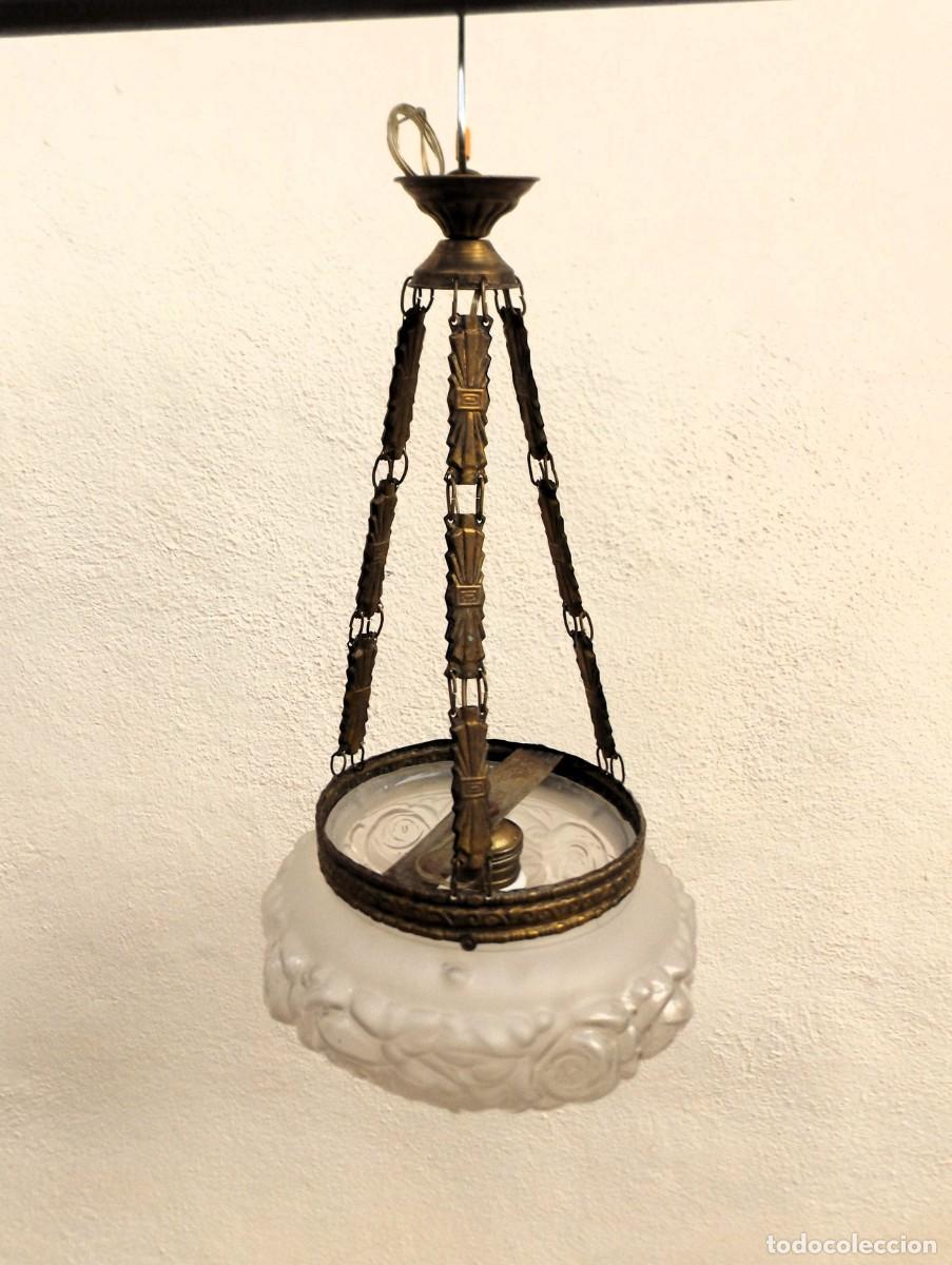 Vintage: lampara de laton con cristal satinado - Foto 2