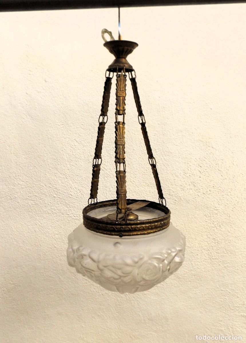 Vintage: lampara de laton con cristal satinado - Foto 6