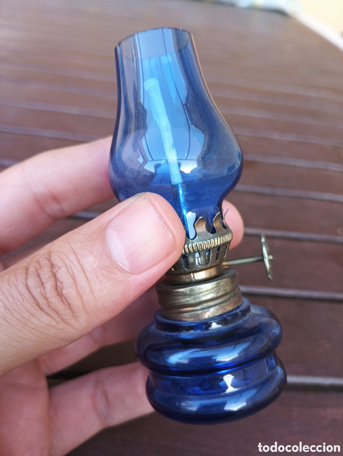 Vintage: Quinqu&eacute; L&aacute;mpara Aceite Azul peque&ntilde;a - Foto 2