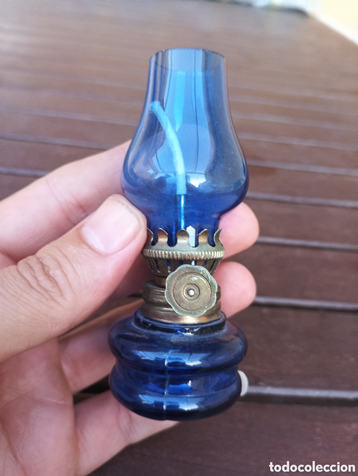 Vintage: Quinqu&eacute; L&aacute;mpara Aceite Azul peque&ntilde;a - Foto 1