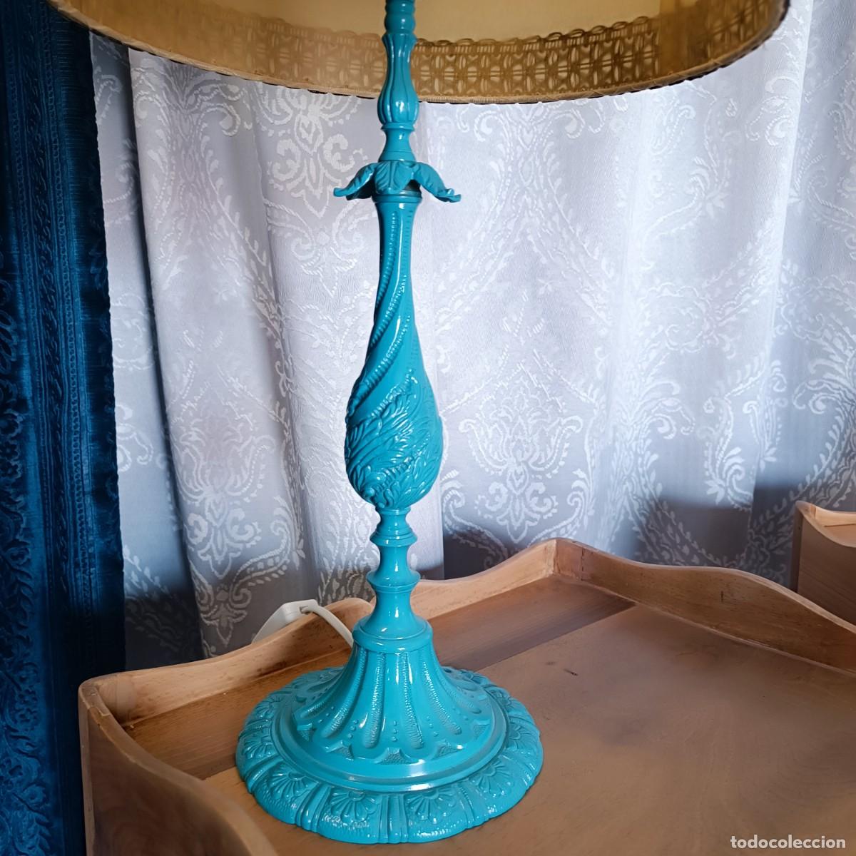 Vintage: L&Aacute;MPARA DE MESA DE BRONCE EN TURQUESA. - Foto 2