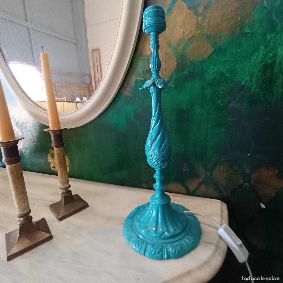 Vintage: L&Aacute;MPARA DE MESA DE BRONCE EN TURQUESA. - Foto 9