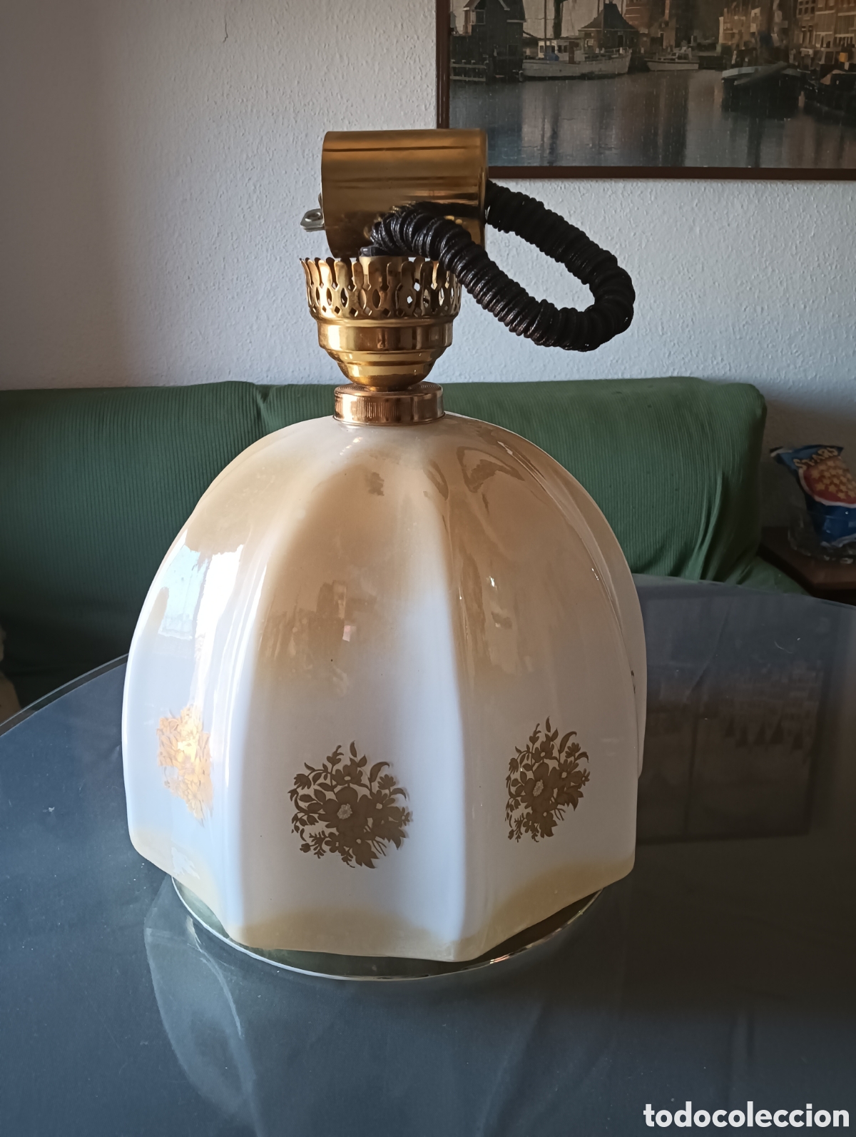 Vintage: L&aacute;mpara vintage opalina blanca y dorado - Foto 1